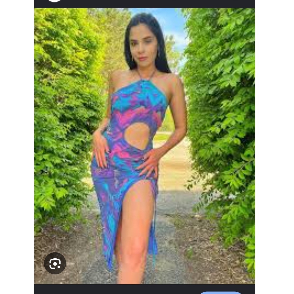 NWT Forever 21 Blue Marble Swirl Mesh Halter Cutout Midi Dress Sz L Festival